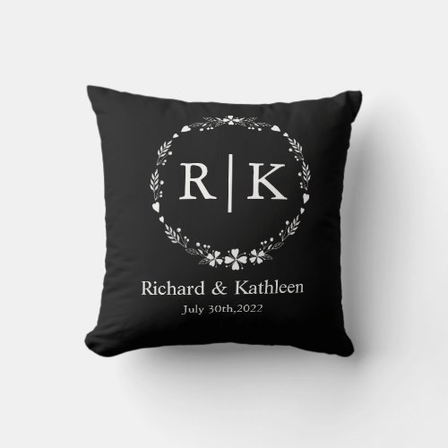 Monogram Rustic Foliage Wreath  Wedding Couples Throw Pillow