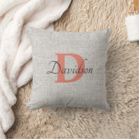 Monogram Rustic Gray Linen fabric Throw Pillow