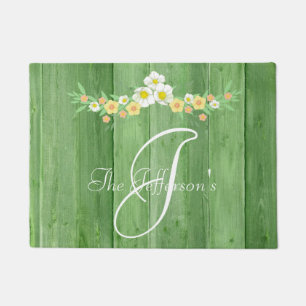 Monogram Rustic Green Wood and Floral Welcome Doormat