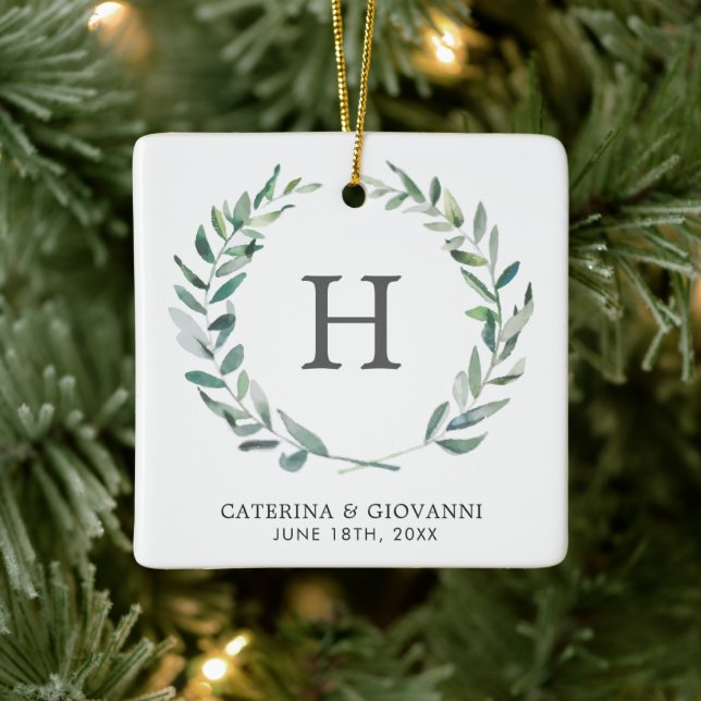 Monogram Rustic Greenery Photo Wedding Favor Ceramic Ornament (Tree)