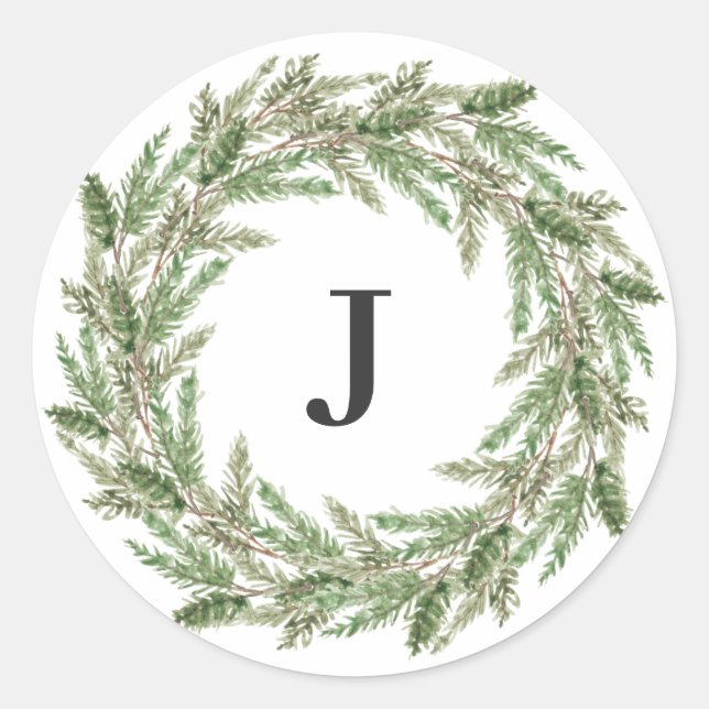 Monogram Rustic Greenery Pine Wreath Holiday Classic Round Sticker (Front)