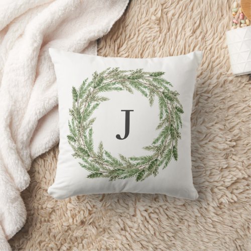 Monogram Rustic Greenery Pine Wreath Holiday Throw Pillow
