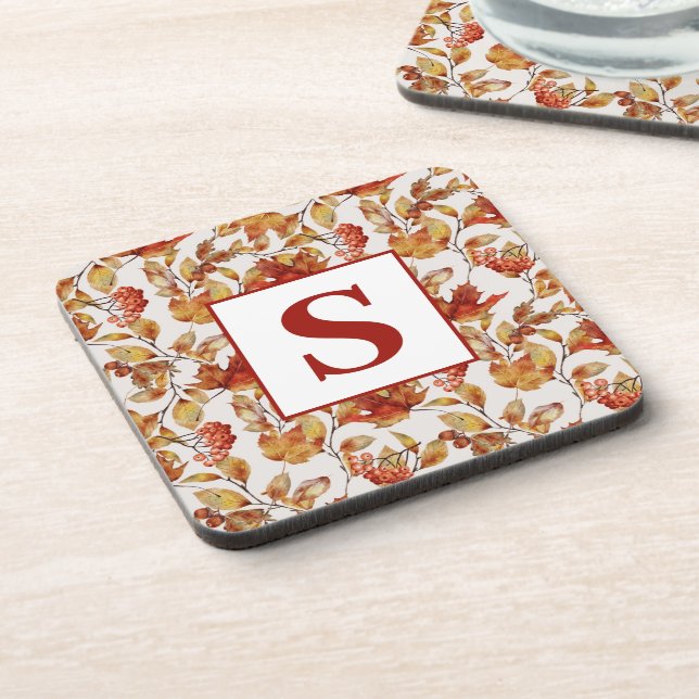 Monogram Rustic Leaf Autumn  Beverage Coaster (Left Side)