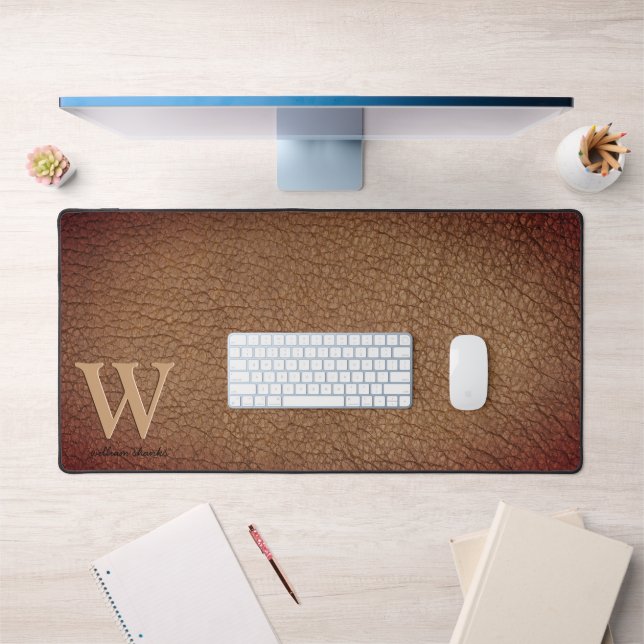 Monogram Rustic Leather Black Gold Name Desk Mat (Office 1)