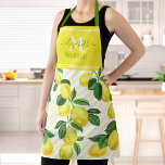 Monogram rustic modern lemons watercolor stripes apron<br><div class="desc">Here’s a wonderful way to add to the fun of baking. Add extra sparkle to your culinary adventures whenever you wear this beautiful, chic, trendy, modern, custom monogram name apron. Fresh, rustic, country watercolor lemons and green leaves overlay yellow pinstripes on a white background. In addition, grass green handwritten script...</div>