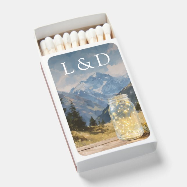 Monogram Rustic Mountain Mason Jar Wedding Favor Matchboxes (Front Open)