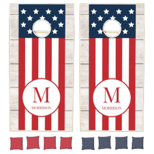 Monogram Rustic Patriotic American Flag July 4th Cornhole Set