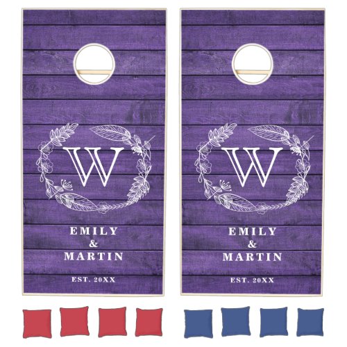 Monogram Rustic Purple Wood Garland  Cornhole Set