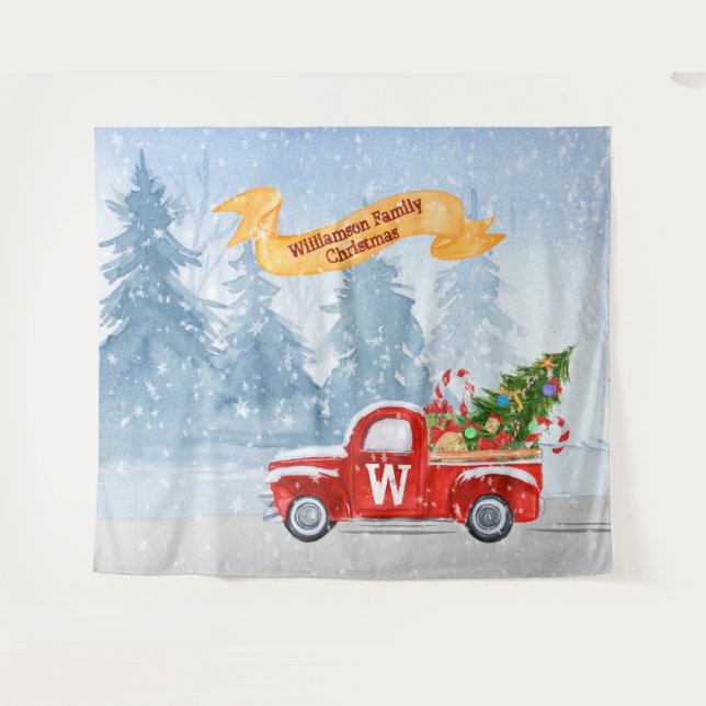 Monogram Rustic Red Christmas Truck Snow Backdrop (Front (Horizontal))