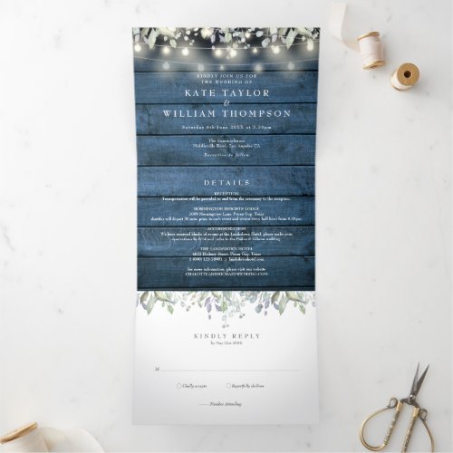 Monogram Rustic String Lights Floral Photo Wedding Tri_Fold Invitation