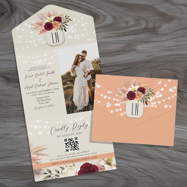 Monogram Rustic String Lights Wedding QR Code All In One Invitation (Creator Uploaded)