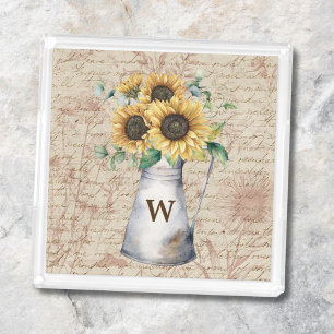Monogram Rustic Sunflower Vintage Letter Decoupage Acrylic Tray