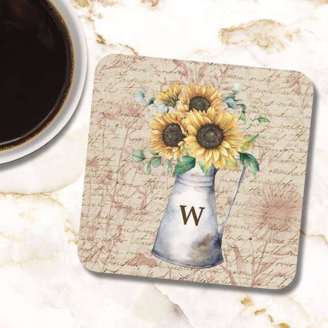 Monogram Rustic Sunflower Vintage Letter Decoupage Beverage Coaster (In situ)