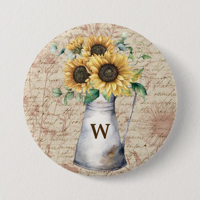 Monogram Rustic Sunflower Vintage Letter Decoupage Button (Front)
