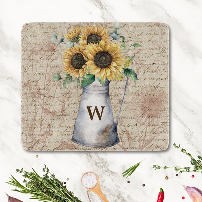 Monogram Rustic Sunflower Vintage Letter Decoupage Cutting Board (In situ)