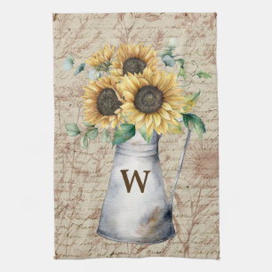 Monogram Rustic Sunflower Vintage Letter Decoupage Kitchen Towel