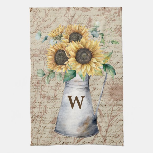 Monogram Rustic Sunflower Vintage Letter Decoupage Kitchen Towel (Vertical)