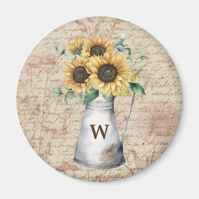 Monogram Rustic Sunflower Vintage Letter Decoupage Magnet (Front)