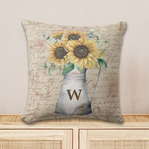 Monogram Rustic Sunflower Vintage Letter Decoupage Outdoor Pillow