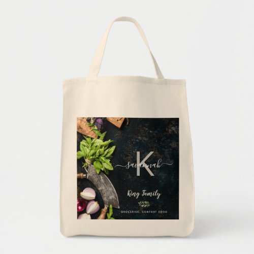 Monogram rustic vegitarian cooking food groceries tote bag