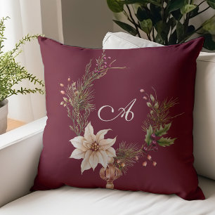 Monogram Rustic Watercolor Botanical Christmas Throw Pillow