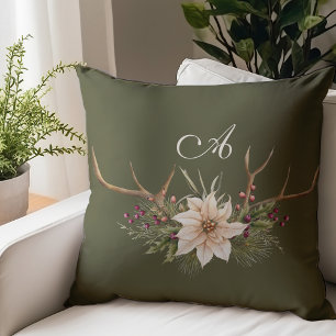 Monogram Rustic Watercolor Botanical Christmas Throw Pillow