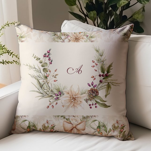 Monogram Rustic Watercolor Botanical Christmas Throw Pillow (Creator Uploaded)