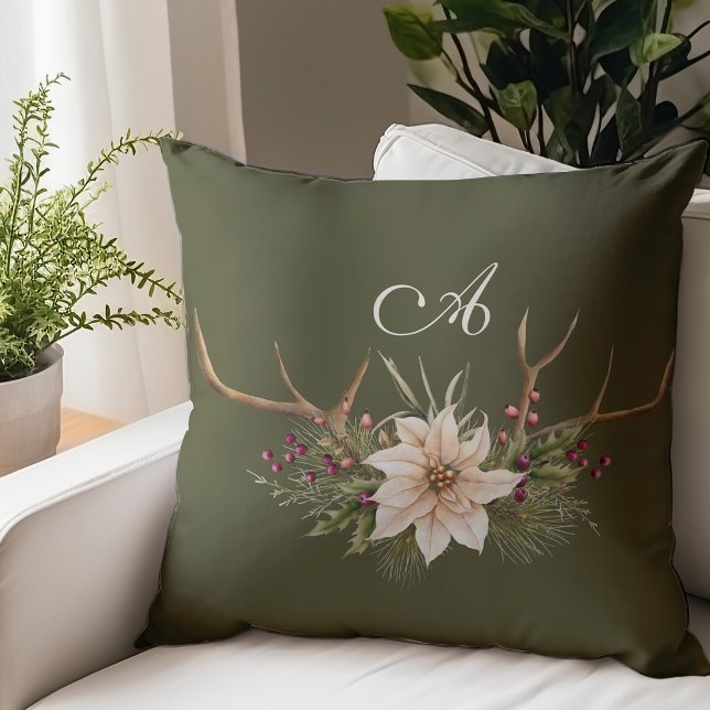Monogram Rustic Watercolor Botanical Christmas Throw Pillow (Creator Uploaded)