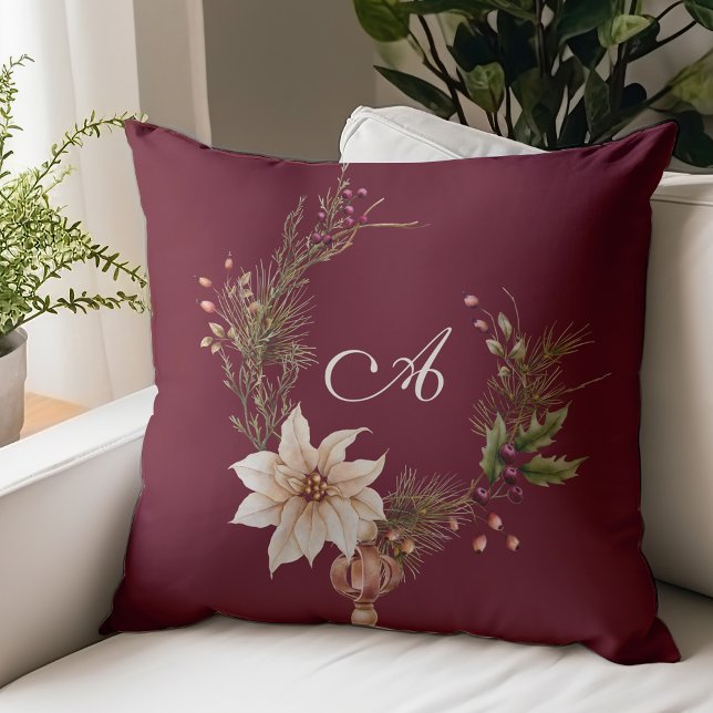 Monogram Rustic Watercolor Botanical Christmas Throw Pillow (Creator Uploaded)