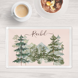 Monogram Rustic Watercolor Forest and mountain Acrylic Tray