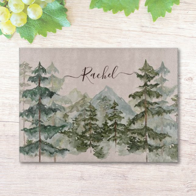 Monogram Rustic Watercolor Forest and mountain Cutting Board (In situ kitchen)
