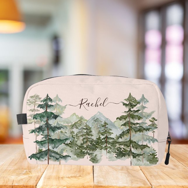 Monogram Rustic Watercolor Forest and mountain Dopp Kit (In situ, on table)