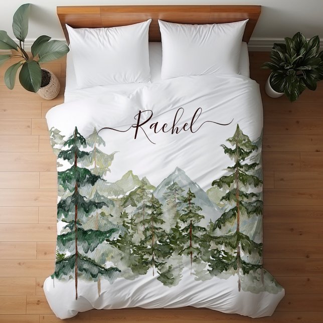 Monogram Rustic Watercolor Forest and mountain Duvet Cover (In situ)