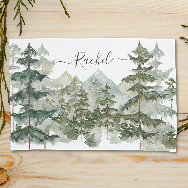 Monogram Rustic Watercolor Forest and mountain Pillow Case (In situ)