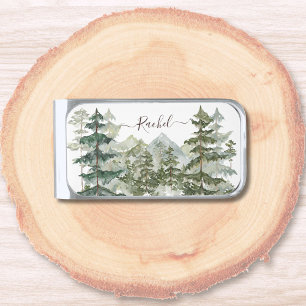 Monogram Rustic Watercolor Forest and mountain Silver Finish Money Clip