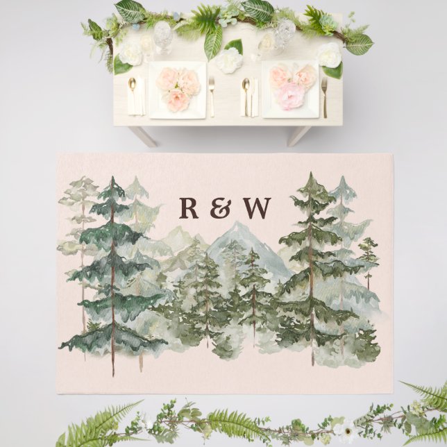 Monogram Rustic Watercolor Forest Mountain Outdoor Rug (Insitu (Wedding 2))