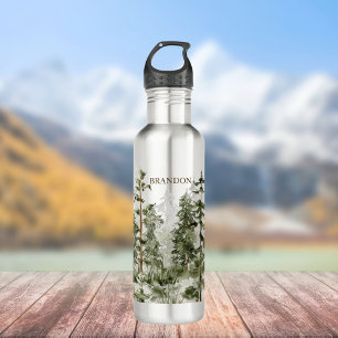 Monogram Rustic Watercolor Green Forest Stainless Steel Water Bottle