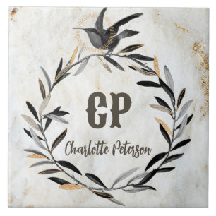 Monogram Rustic White Marble Bird Wreath Custom Ceramic Tile