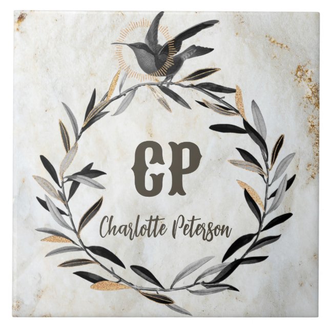 Monogram Rustic White Marble Bird Wreath Custom Ceramic Tile (Front)