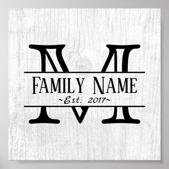 Monogram Rustic White Wood Family Name Poster (Front)