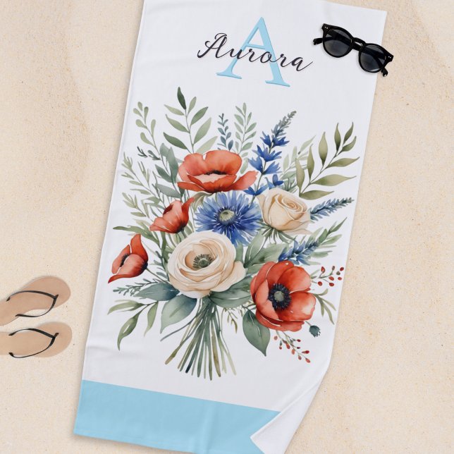 Monogram Rustic Wildflower Bouquet Pretty Summer Beach Towel (A pretty beach towel with elegant monogram and rustic floral bouquet in a watercolor style)