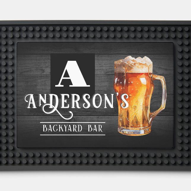Monogram Rustic Wood Beer Bar Mat (Front (Close Up))