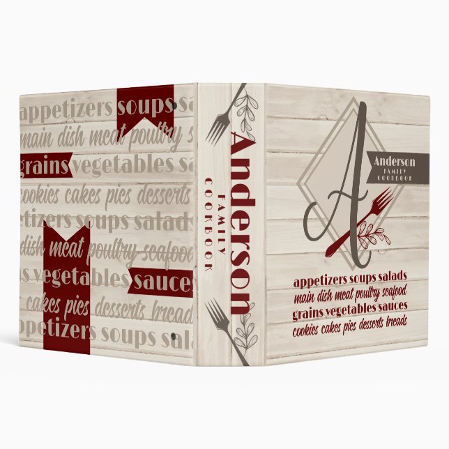 Monogram rustic wood cookbook personalized recipe 3 ring binder (Background)