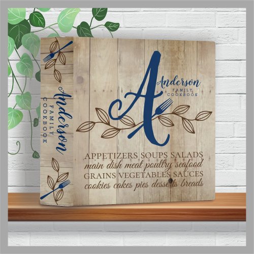 Monogram rustic wood cookbook personalized recipe 3 ring binder