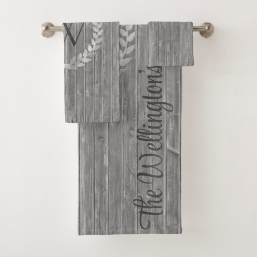 Monogram Rustic Wood Family Name Bath Towel Set