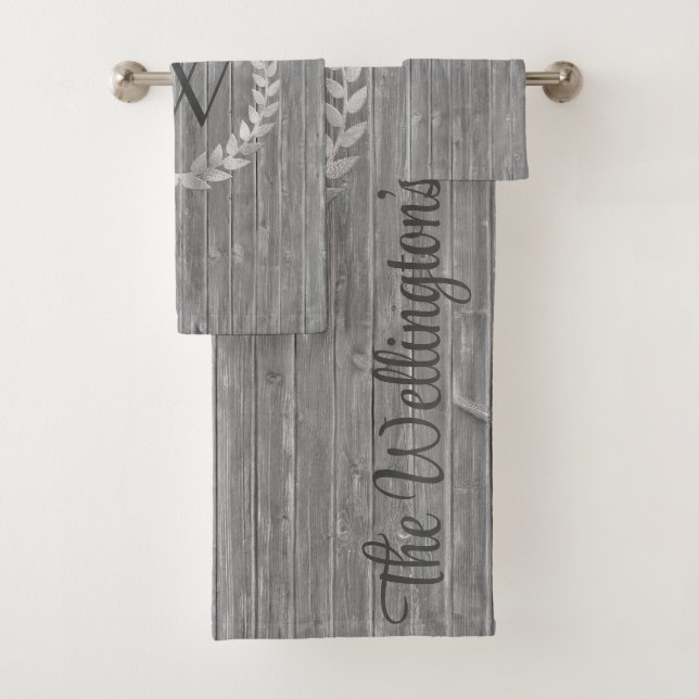 Monogram Rustic Wood Family Name Bath Towel Set (Insitu)