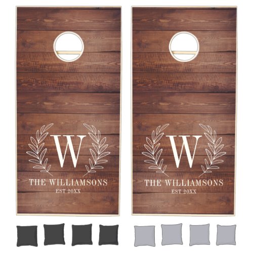 Monogram Rustic Wood Family Name Cornhole Set