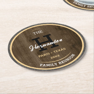 Monogram Rustic wood Family reunion Country Brown Round Paper Coaster