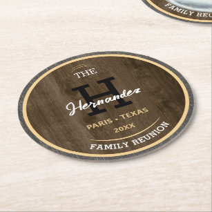 Monogram Rustic wood Family reunion Country Brown  Round Paper Coaster