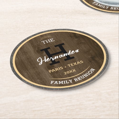 Monogram Rustic wood Family reunion Country Brown  Round Paper Coaster